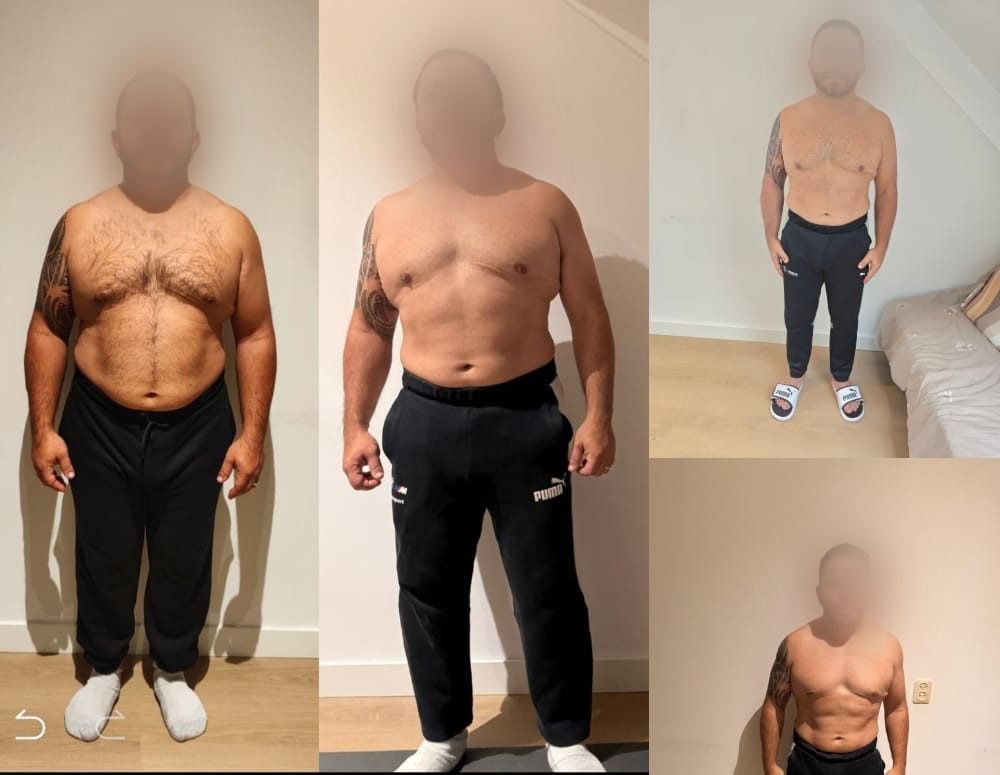 A client's progress across four photos over two training cycles, faces blurred for privacy.