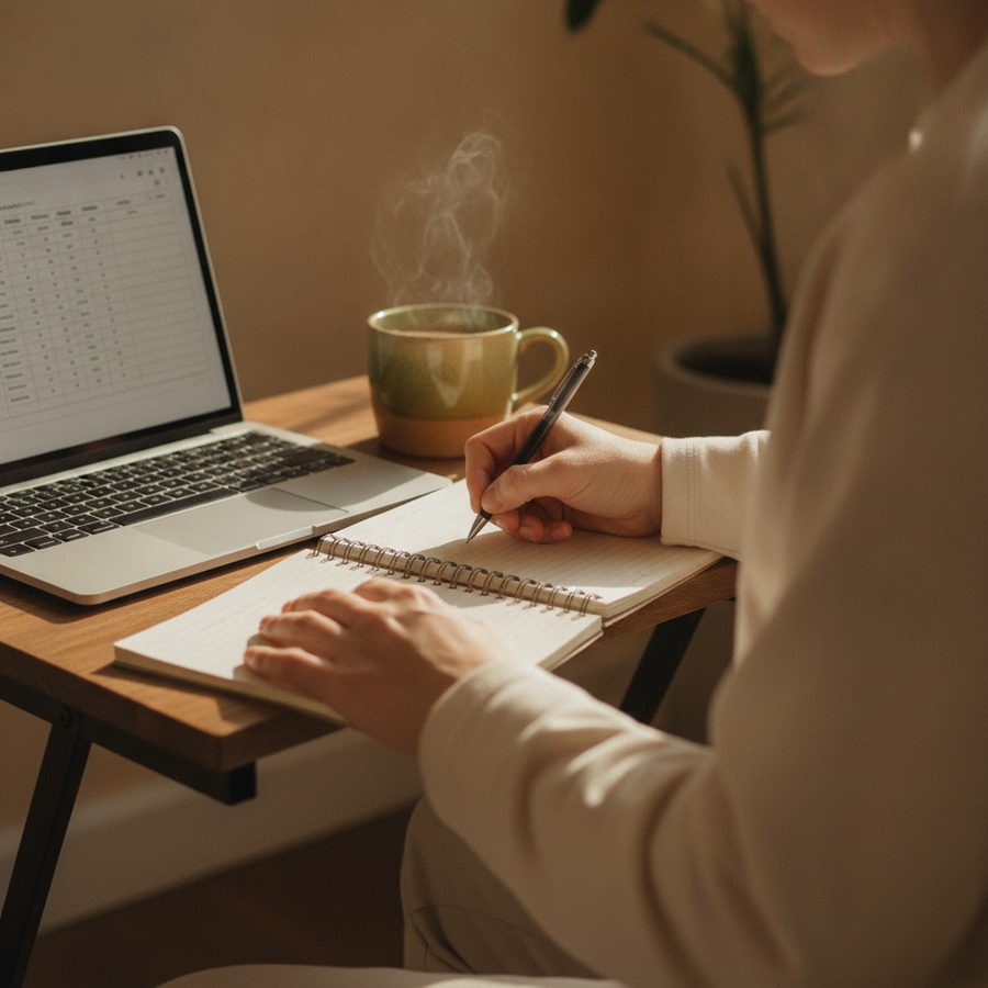 A training programme being written by hand beside a laptop.