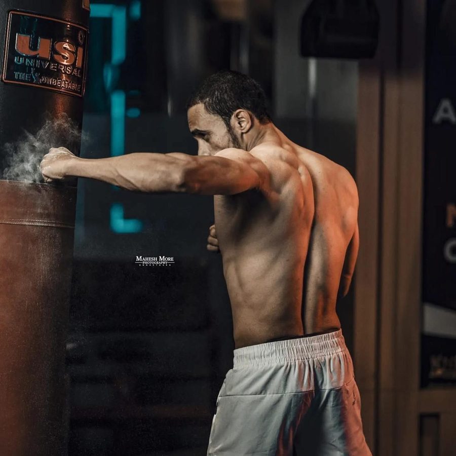 Rohit training on the heavy bag.