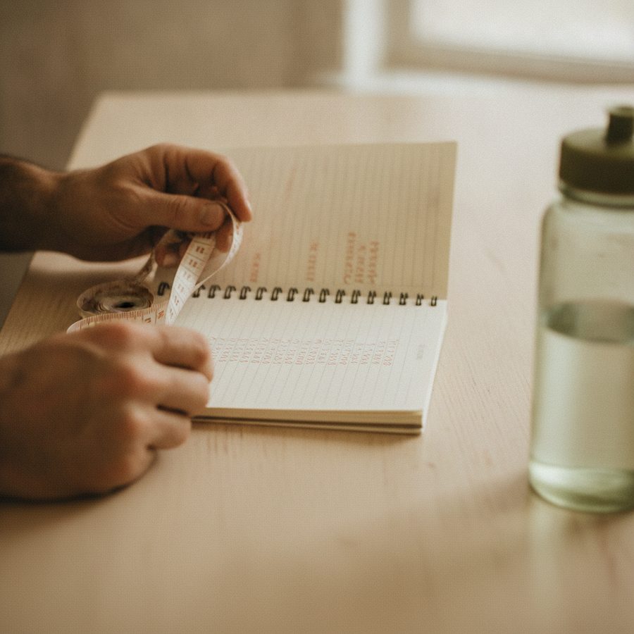 A measuring tape and a notebook of recorded measurements.
